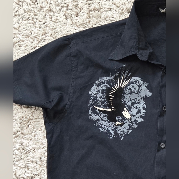 Vintage Code 7 Mens Button-up Casual Black Velvet Eagle Biker Rock Retro Sz L - Picture 4 of 12